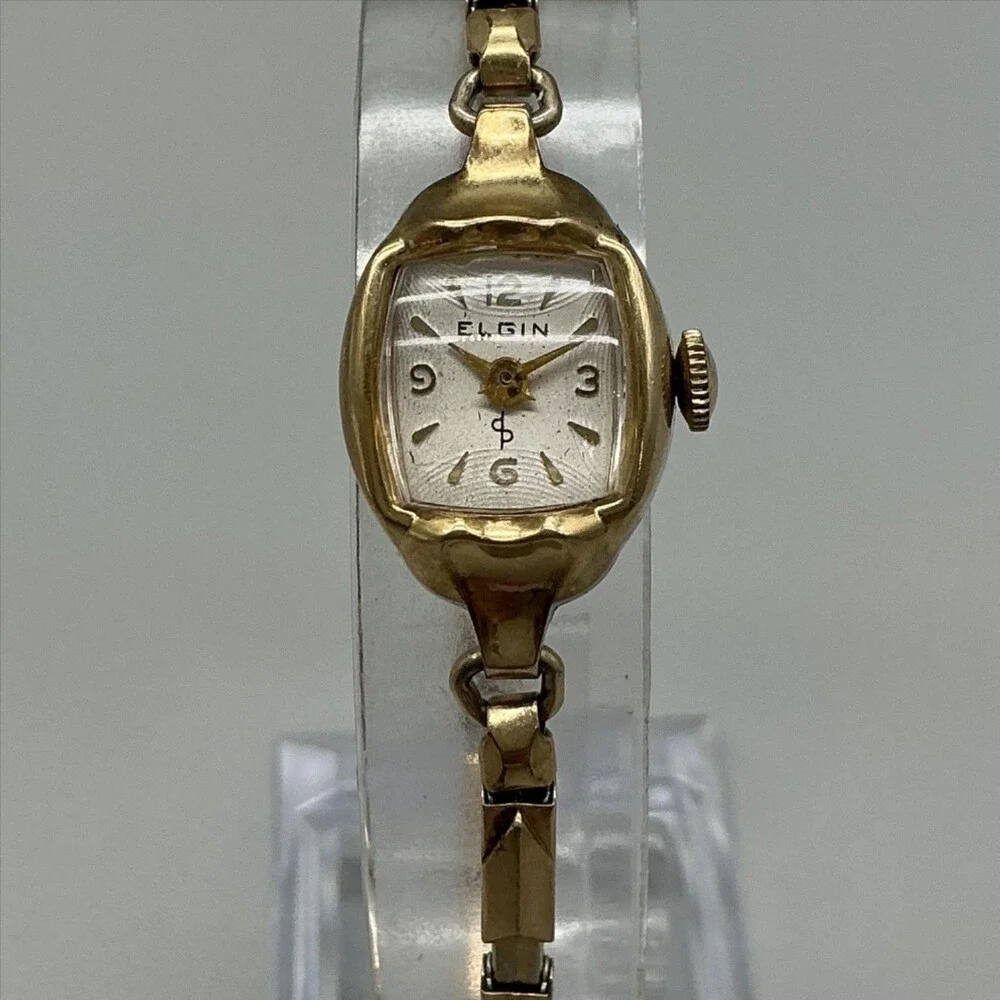Vintage Elgin Womens Watch 16mm 10K Rolled Gold Plated Stretch Band Manual Wind